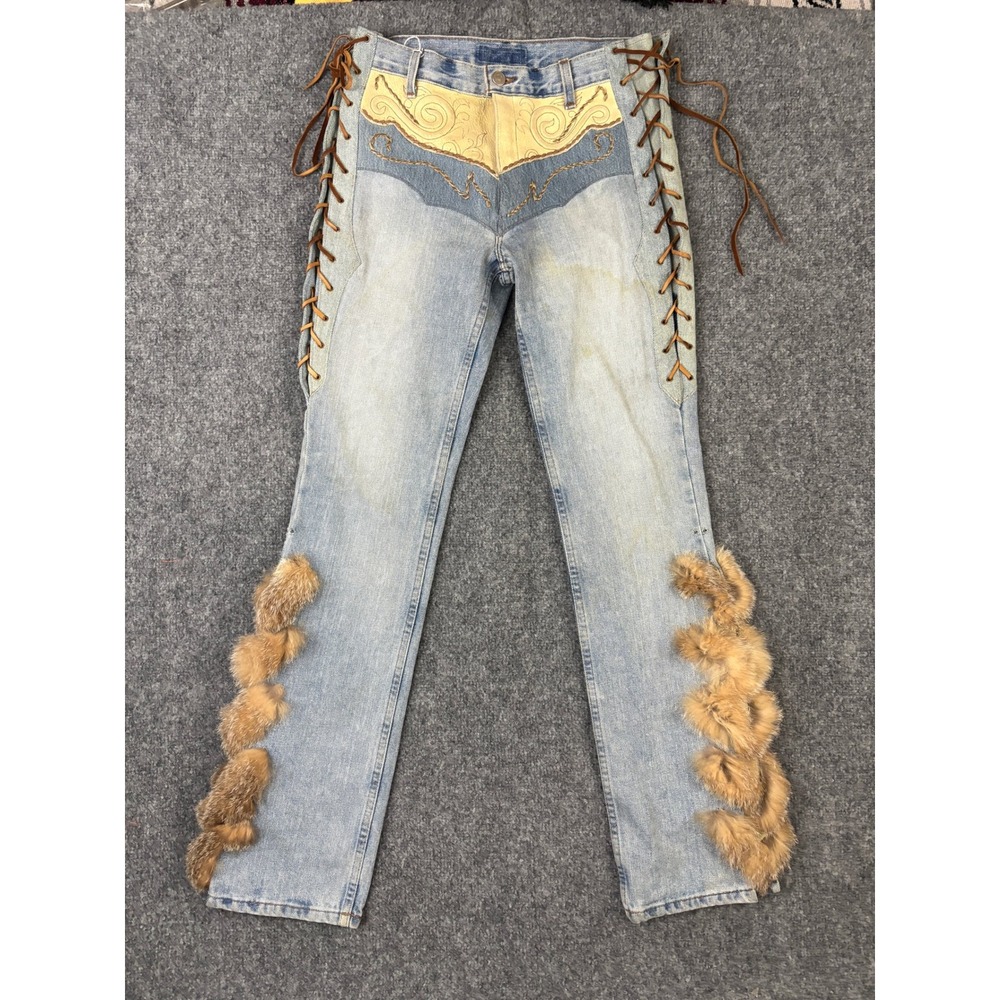 Michelle Julene Couture Jeans Fur Trim Lace Up Western‎ OOAK Denim 25
